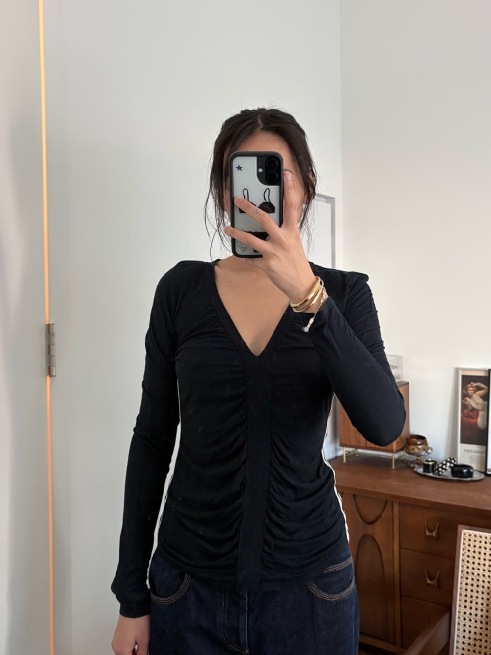 Gucci Black V-Neck Ruched Long Sleeve Top